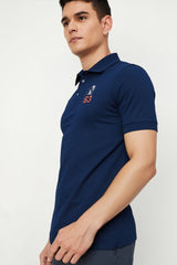 Men Casual Polo T-Shirt – Stylish Navy Blue with Modern Print