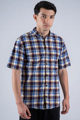 Men Casual Checkered Short Sleeve Shirt – Blue & Maroon Plaid