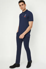 Men Casual Polo T-Shirt – Stylish Navy Blue with Modern Print