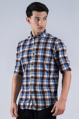 Men Casual Checkered Short Sleeve Shirt – Blue & Maroon Plaid
