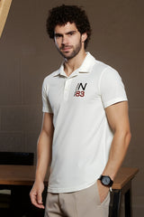Men White Polo T-Shirt with Chest Print – Sporty and Trendy