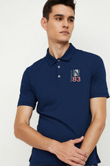 Men Casual Polo T-Shirt – Stylish Navy Blue with Modern Print